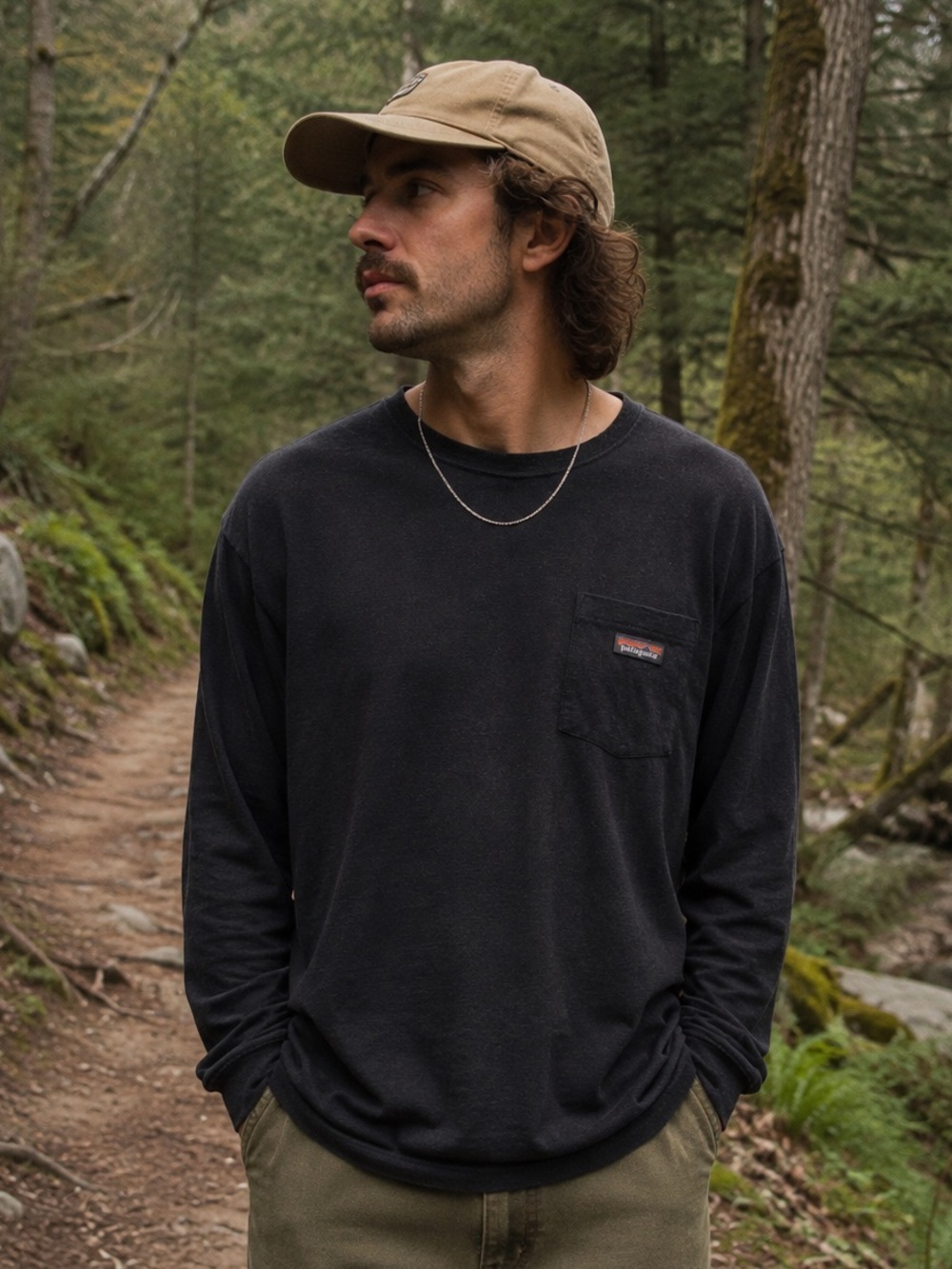 Patagonia Hemp Organic Cotton Long Sleeve Tee Men L Black Granola Hiking Outdoor